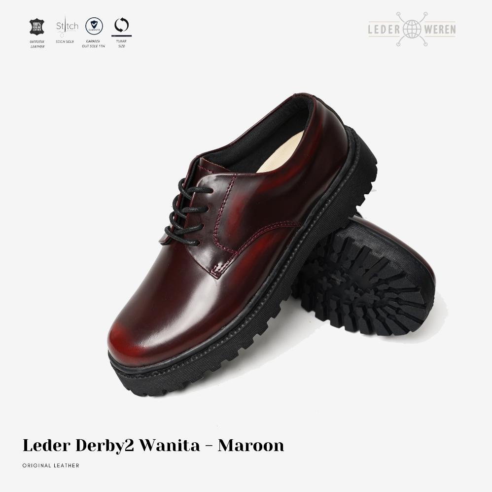Best Quality Lederweren - Leder Derby2 Wanita Maroon - Sepatu Kulit Tali Wanita laris
