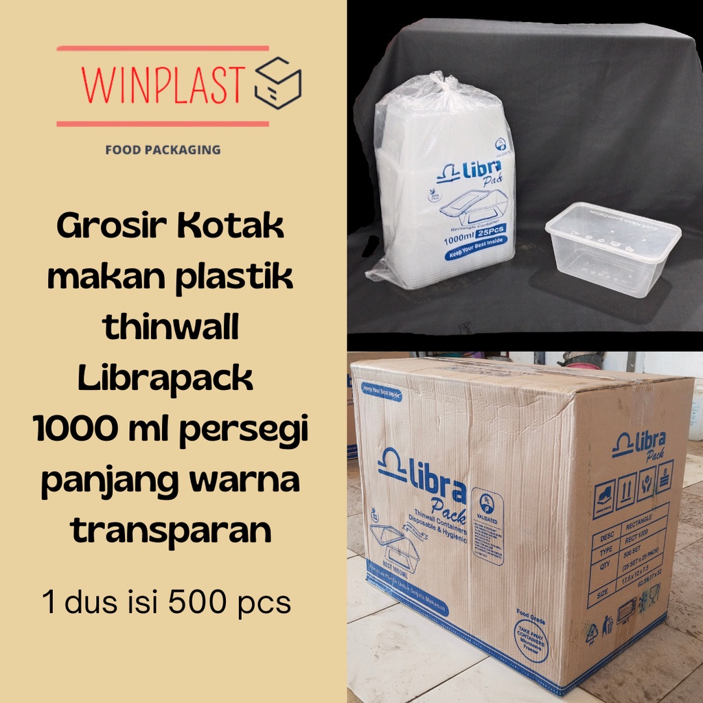 Grosir kotak makan thinwall Librapack 1000ml persegi panjang warna transparan isi 500 pcs