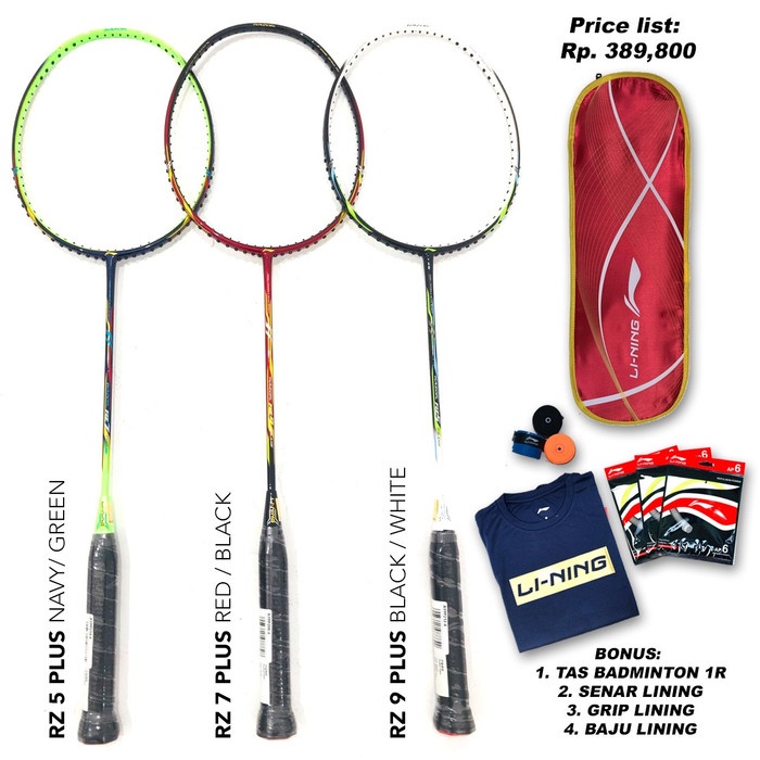 Raket Badminton Lining Terbaru Rz 5,6,7 Plus Bonus Tas+Grip+Kaos+Senar Terpopuler