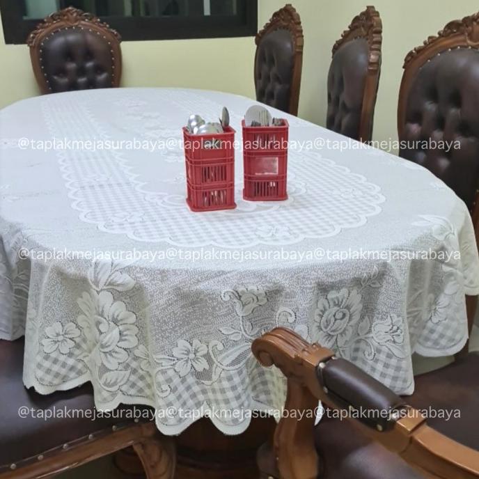 Taplak Meja Makan Oval Kain Brokat Warna Putih Polos Vintage Klasik