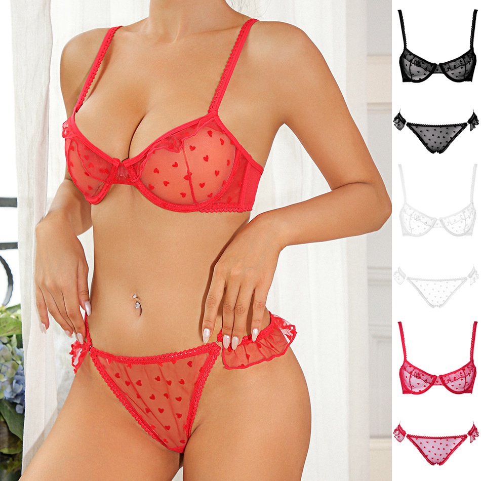 Set Lingerie Seksi Flanel Cetak Hati Seksi Sejuk SeruTBra Push Up Wanita, BH Cincin Baja Pengangkat 