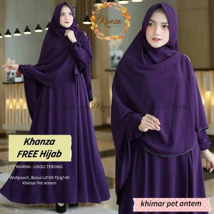 NU733 Khanza - Gamis syari polos warna Ungu terong free hijab khimar m