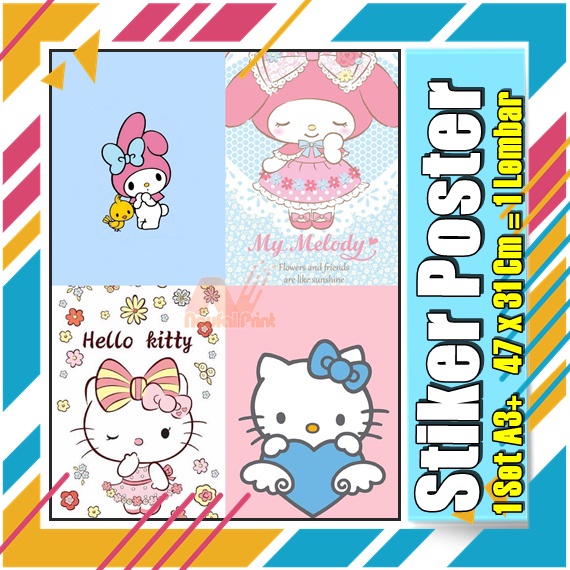 Stiker Poster A3 Hello Kitty My melodi kucing Karton Pink Lucu Imut Anak Gambar Cetak Sticker Custom