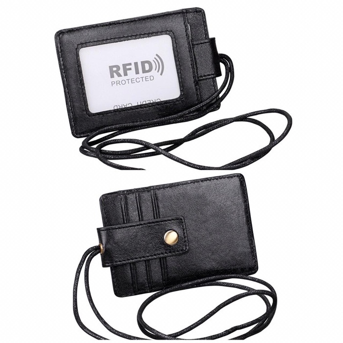 

Wl083 - Id Card Holder Rfid Protection Genuine Leather Lanyard Name Tag Gantungan Tempat Kartu Kulit