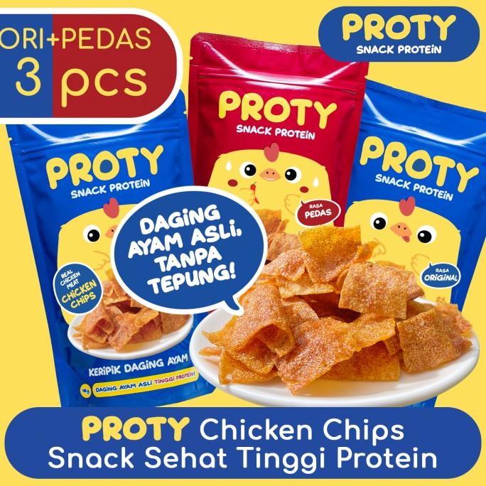 

Snack Sehat Tinggi Protein PROTY Ori(2)+Pedas(1) Cemilan Chicken Chips HTS