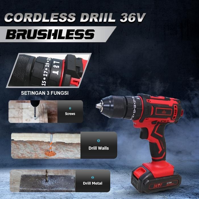 Harga Spesial Disc 50% Bor Cordless Yukido 36V Impact Drill Bor 13Mm Set Koper