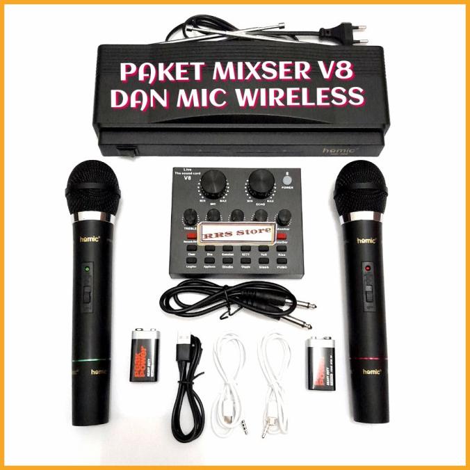 alat karoke soundcard v8 dan mic wireless homic 306 2 mic free batrai