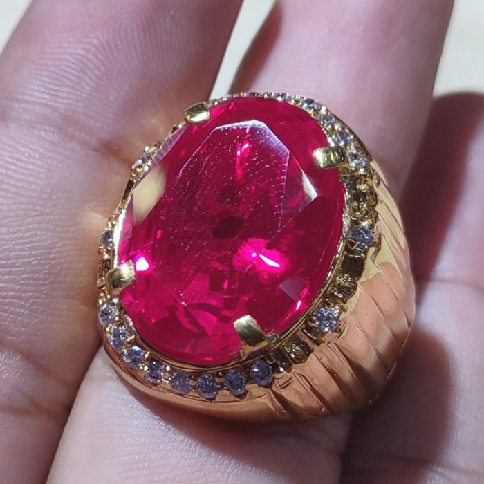 [Baru] Cincin Alpaka Gold Mewah Batu Akik Merah Siam Rose Cutting Oval Terbatas