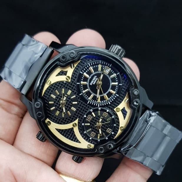 ✅New Ori Jam Tangan Pria Diesel Triple Time Rantai Black Gold Diskon