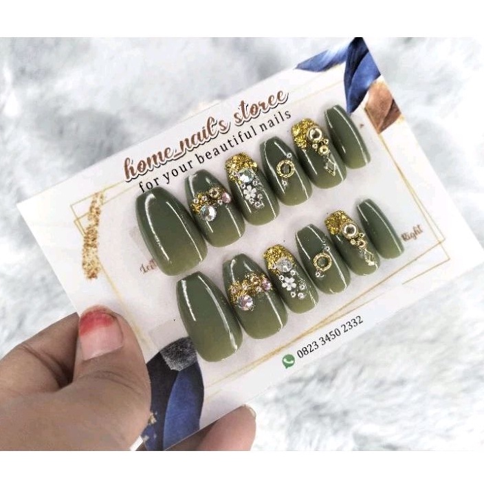 KUKU PALSU/KUPAL WEDDING/NAIL ART/HIJAU/Isi 12 Glosy/Free lem gel