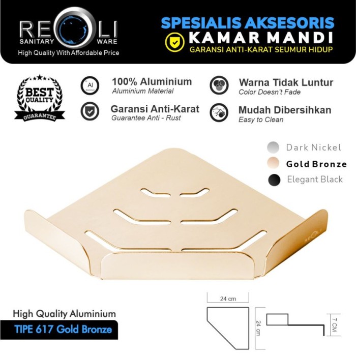 ✅Ori Rak Sabun Siku Sudut Aluminium Gold Emas Reoli 617-Gbr-B Limited