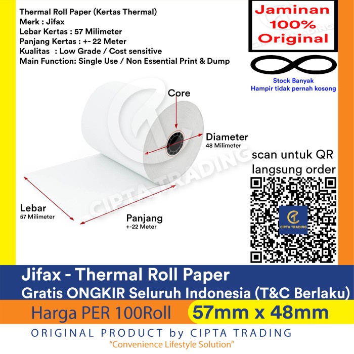 

✨Sale Kertas Thermal / Thermal Paper - Jifax - 57Mm X 48Mm 100 Rolls Limited