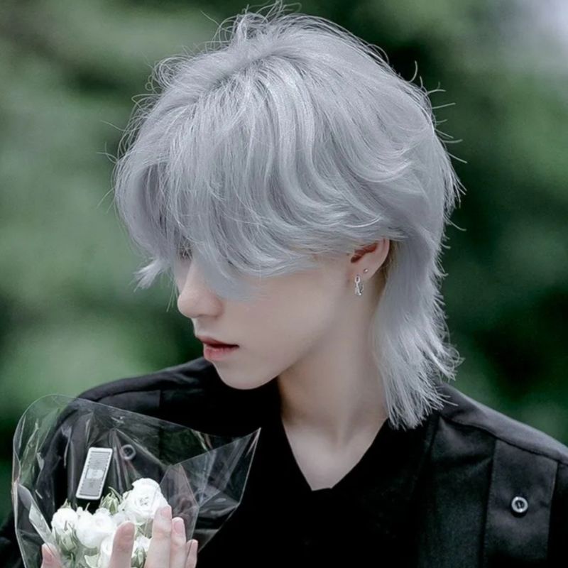 Wig Rambut Palsu Pria Rambut Panjang Warna Abu-Abu Wig Mullet Srigala Warna Grey Natural Wig Rambut 