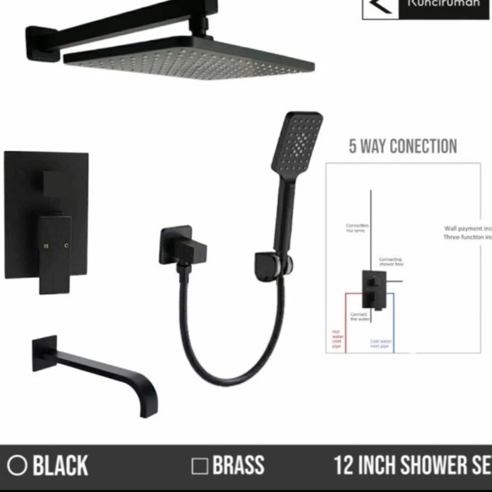 ✅Ori Kran Tanam Kotak 3 Way Hitam Mixer/Kram Tanam Set Wall Shower 12 Inchi Berkualitas
