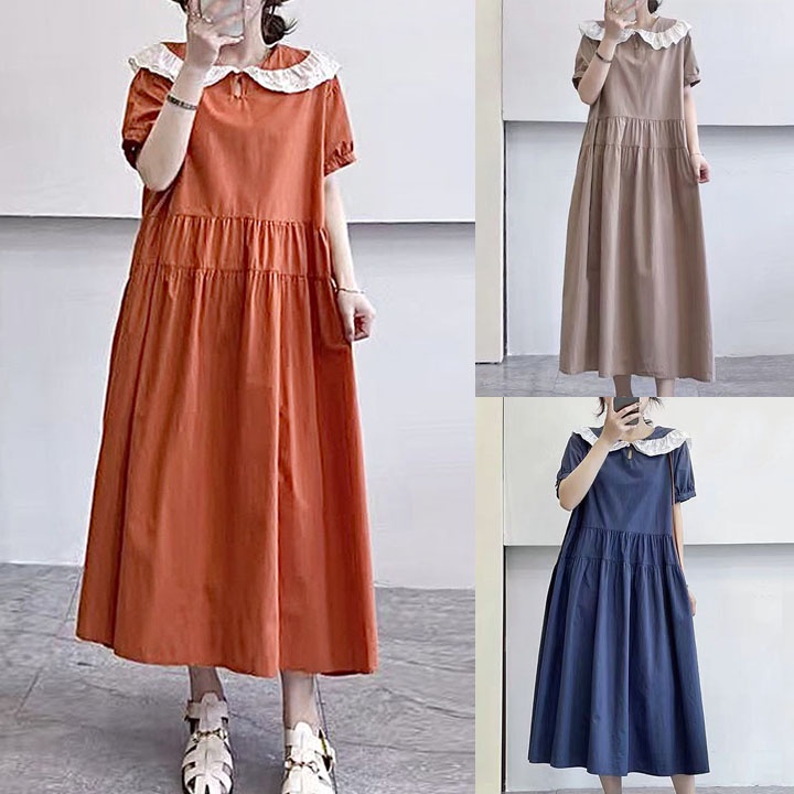 DRESS LINEN ORANGE COKLAT BIRU HIGHWAIST OVERSIZE KERAH RENDA PUTIH KOREA IMPORT