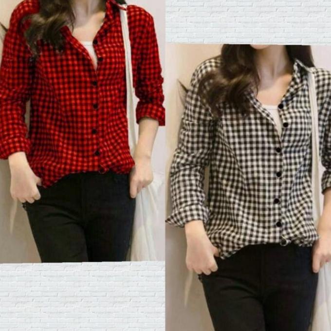 kemeja kotak kotak wanita atasan merah dan hitam hem shirt baju casual GJ