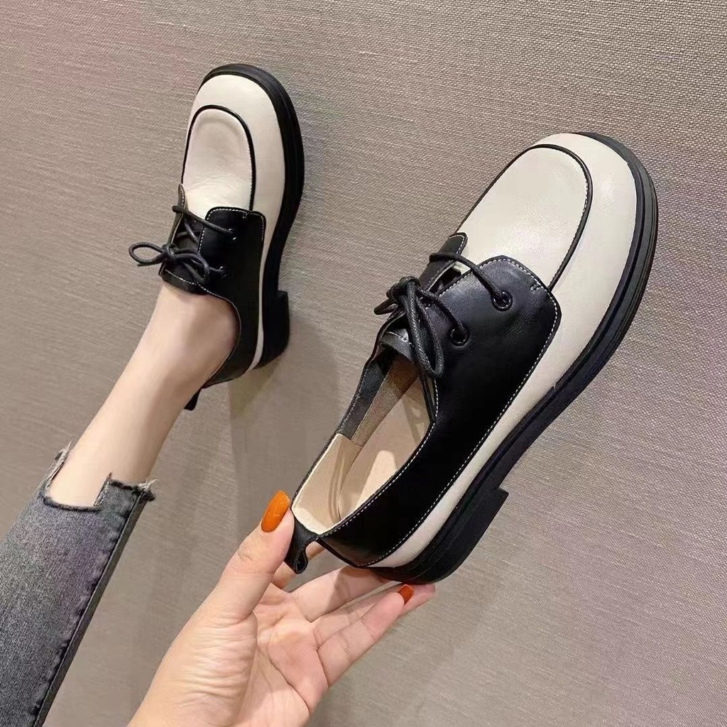 Sepatu Wanita Kulit Gaya Korea, Sepatu Wanita Baru Warna Cocok, Sepatu Kulit Kasual Vintage Serbagun