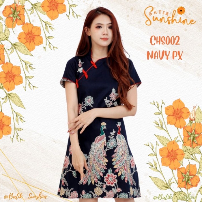 Dress Batik Wanita Model Cheongsam Sangjit/Imlek Chs002 Px Navy Cream