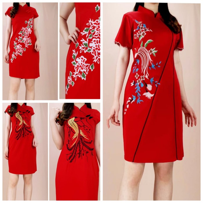Red Dress Cheongsam Wanita Merah Georgette Stretch Premium Bordir