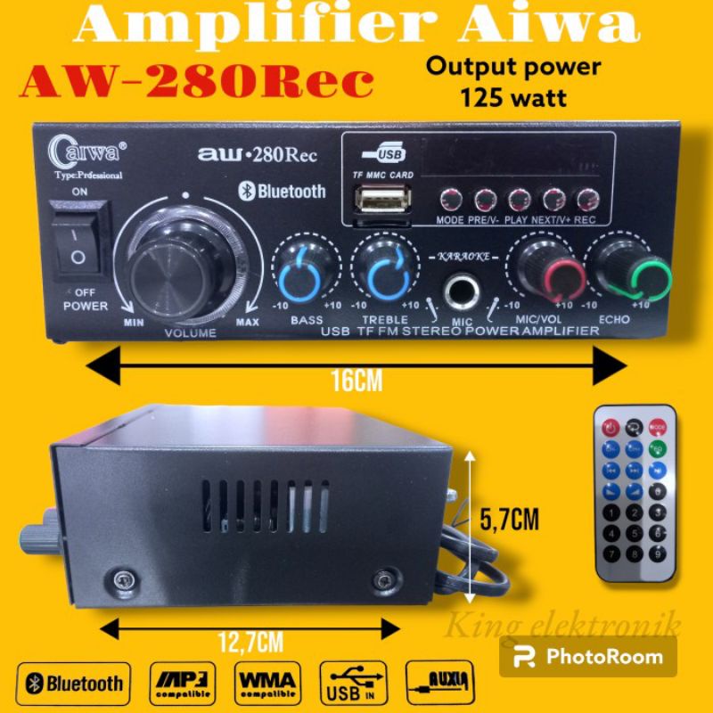 Amplifier Karaoke AIWA AW 280REC Putih, 125W AC/DC