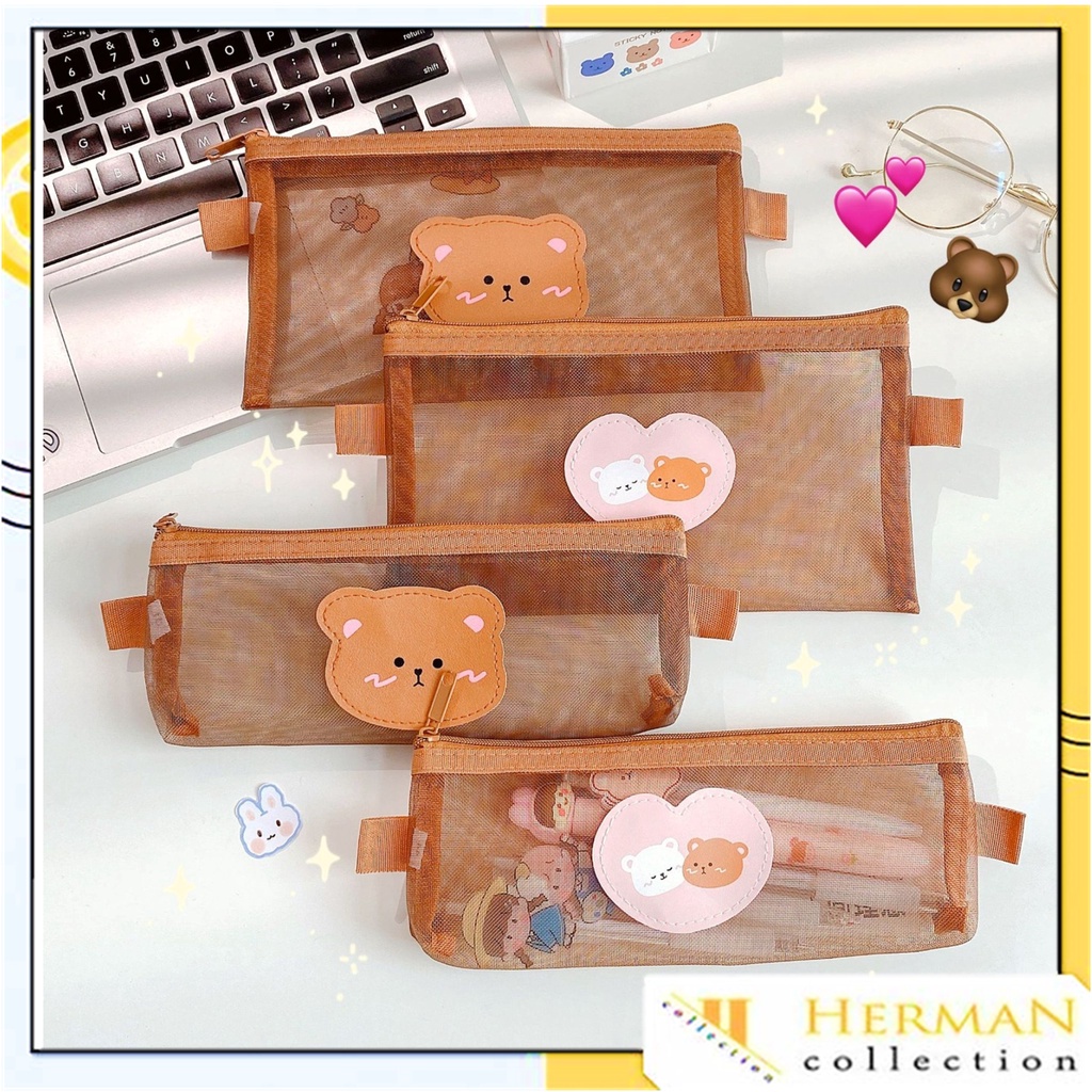 

HC Tempat Pensil Zipper Coklat Motif Beruang Dompet Pensil Coklat Lucu Motif Bear Tempat Makeup Teddy Brown Model Jaring Transparan dan Multicolour Cute