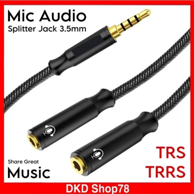 Splitter Cable Jack 3.5mm Mic Audio Headphone Connector TRRS TRS