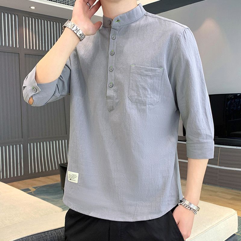Baju Pria Musim Panas, Baju Pria Kasual Gaya Korea, Baju Lengan Tiga Perempat, Baju Pullover Kerah