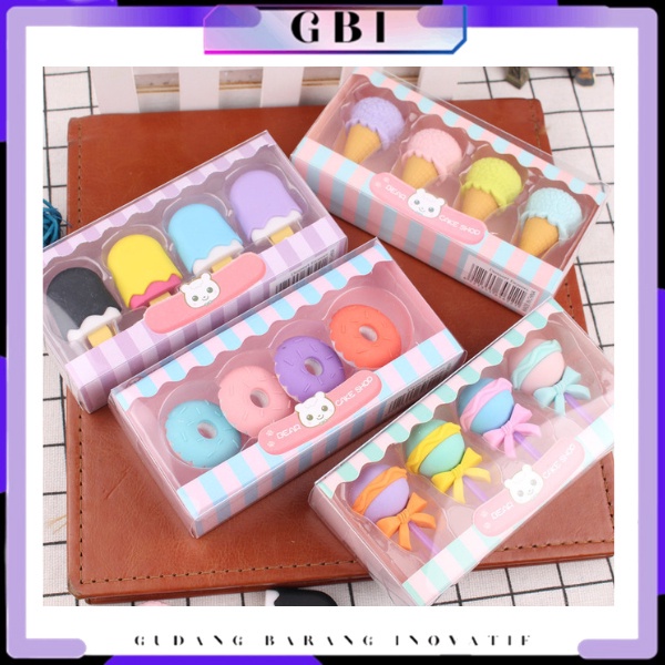 

GBI Penghapus 4 Pcs Anak Sekolah Karakter 4pcs Bentuk Makanan Donut Ice Cream Eraser / Set Lucu Bentuk Es Krim Karet Hapus Lolipop Donat Pensil Karakter Sweet