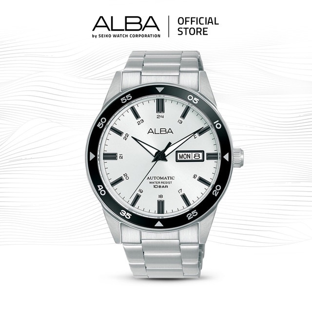 Alba Mechanical Jam Tangan Pria AL4599 / AL4599X1 Automatic White Black Dial Stainless Steel Strap W
