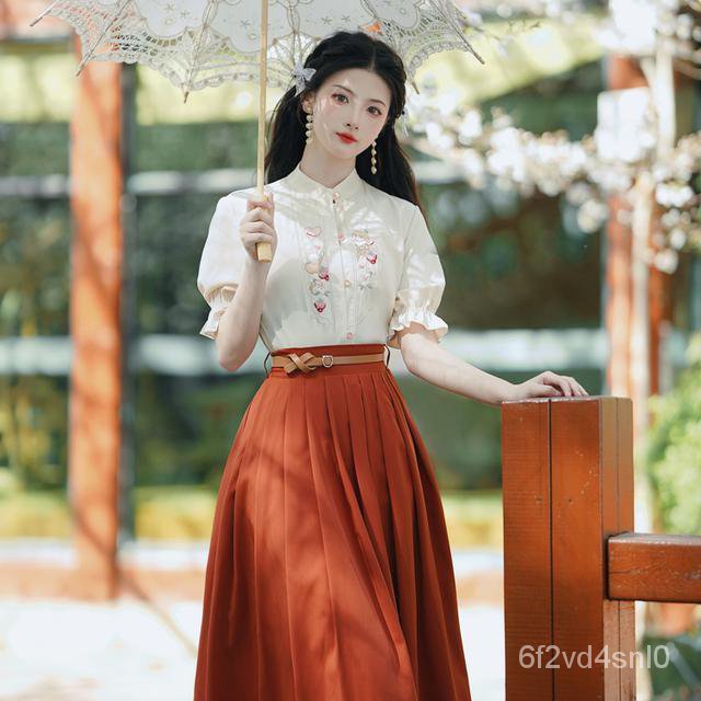 Kemeja Kerja Hanfu Perempuan Modern Komuter Rok Gaya Nasional Kemeja Lengan Pendek Elemen Han Musim 