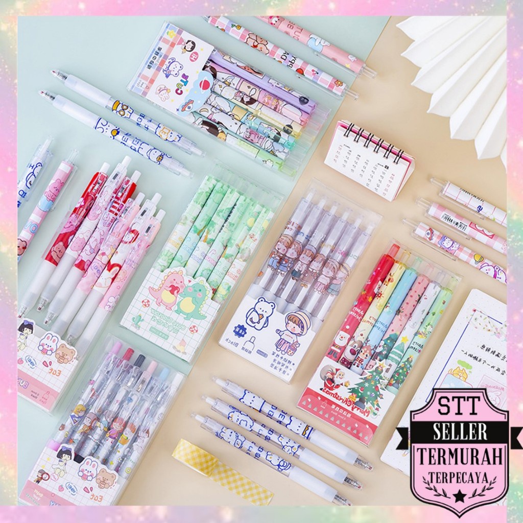 

STT Pulpen Gel 0.5mm 6Pcs Pen Bolpoin Tinta Gel Cair Model Cetekan Isi 6 Pcs Pena Aesthetic