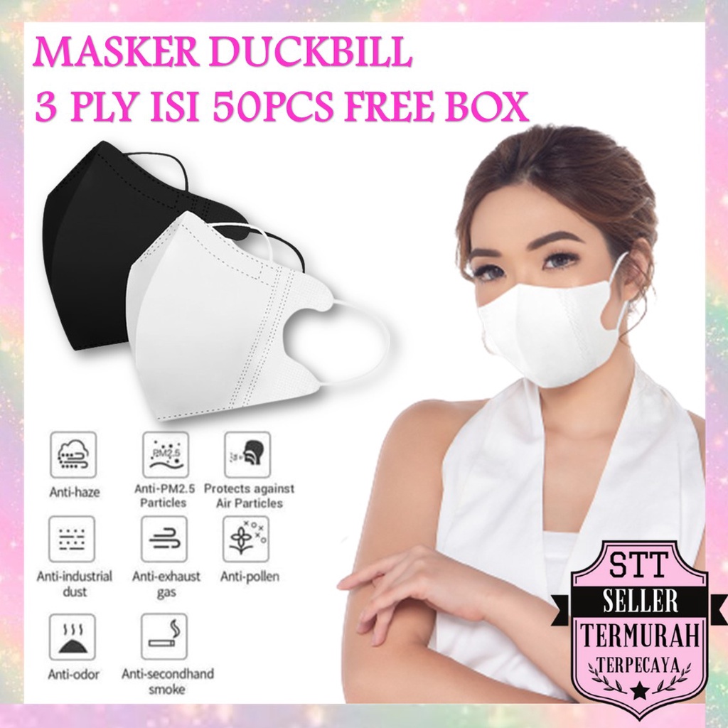 STT Masker Duckbill 3Ply 50Pcs Mask Earloop 3D Hitam Protective Mask Duckbill Putih Free Box Isi 50 