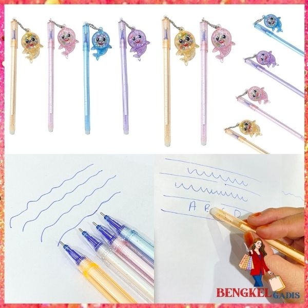 

BG Pena Glitter Shark Pulpen Gantung pom-pom Karakter Hiu Blue Ink Gel Bisa di Hapus Bolpen warna warni bola salju Cute Alat Tulis Sekolah Kantor Souvenir