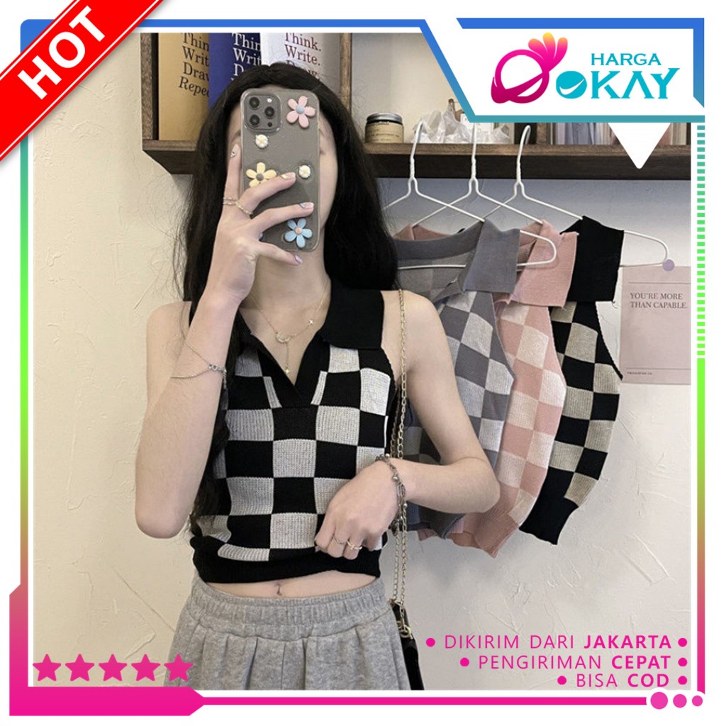 Promo Ho Vest Crop Top Rompi Rajut Korea V Neck Bahan Melar Dengan Kerah Baju Crop Wanita Korean
