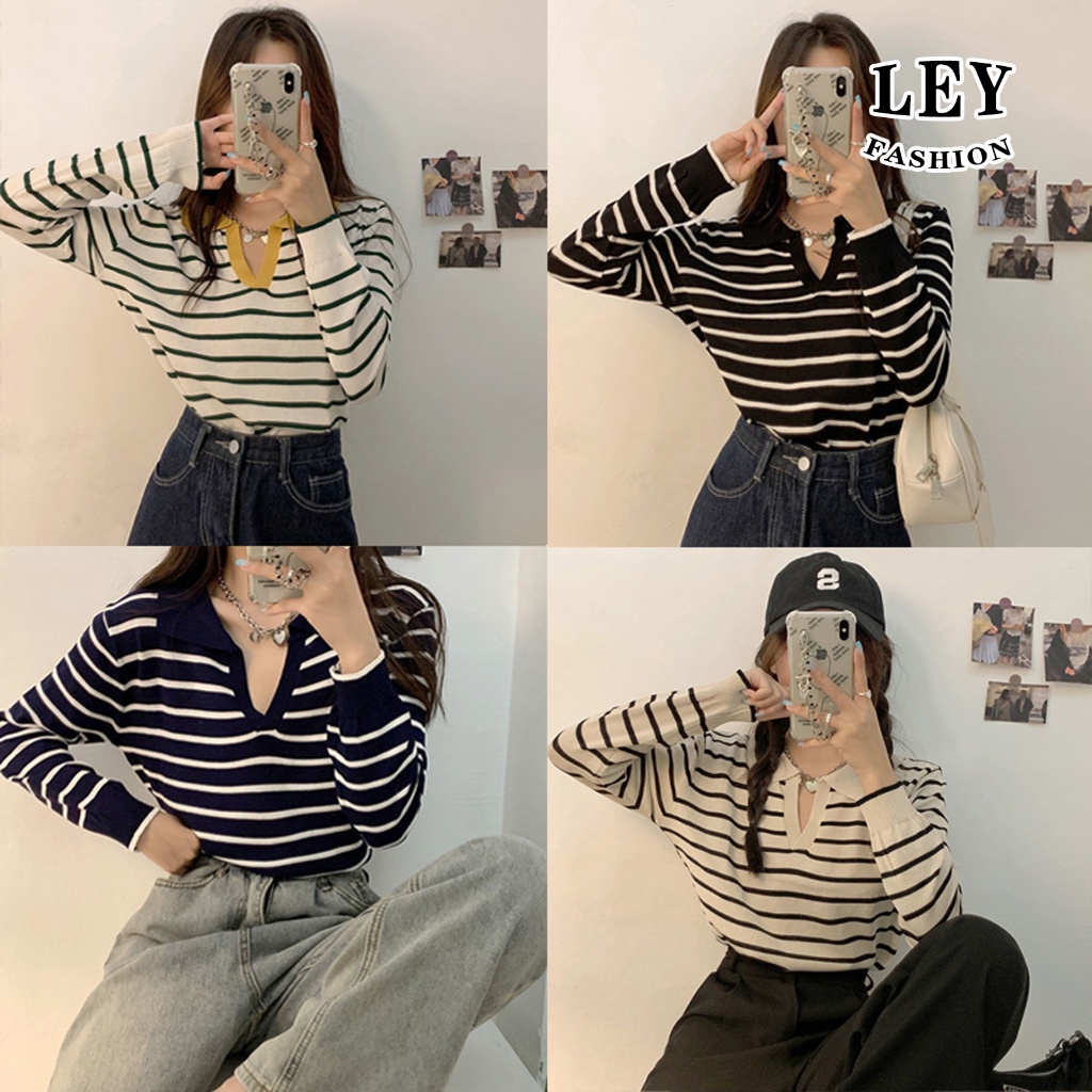 [AMAZED PEOPLE] Bisa COD - Sweater Crop Garis Leher-V Top/Lengan Panjang Sweater Atasan Wanita Rajut