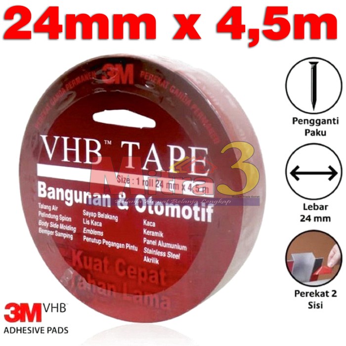 

Produk Unggulan] Double Tape 3M VHB Tape 24mm x 4,5m ORIGINAL Lakban Bolak Balik Mobil