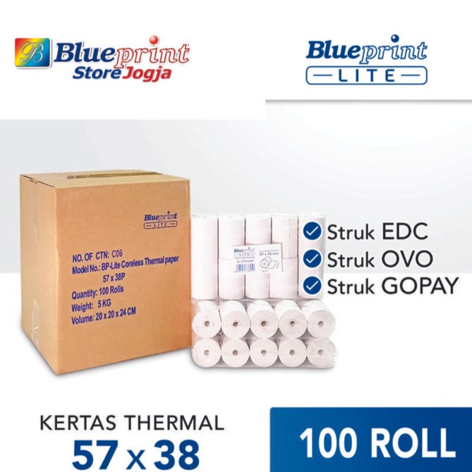 

}}}}}}] KERTAS THERMAL KASIR BLUEPRINT Lite CORELESS 57x38 57x40 58x38 - 1 Dus