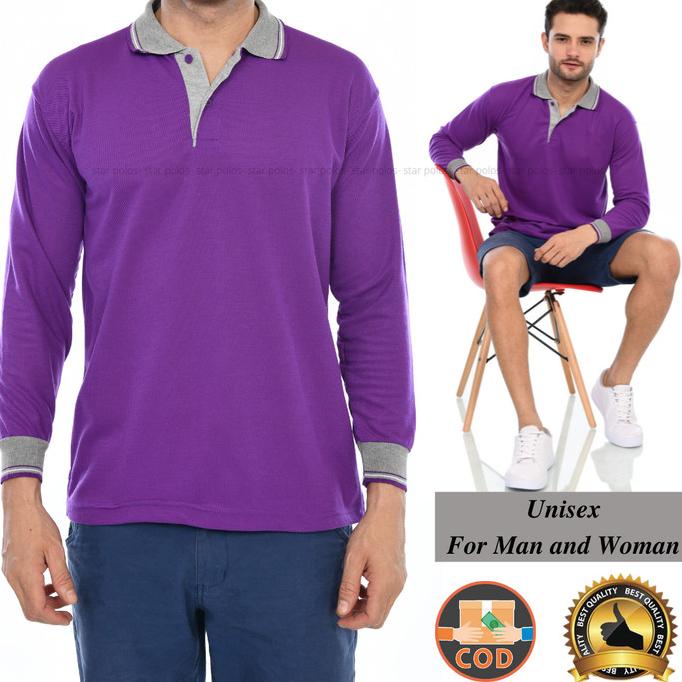 Kaos Kerah/ Polo Shirt Lengan Panjang Ungu Tua Kerah Abu Unisex