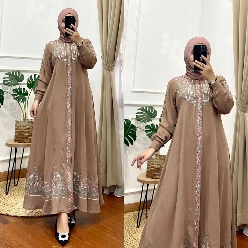 [SYAR'I TILL JANNAH] Gamis Bordir Warna Green Sage - Farhan Dress Crinkle AirFlow Mix Bordir Bunga