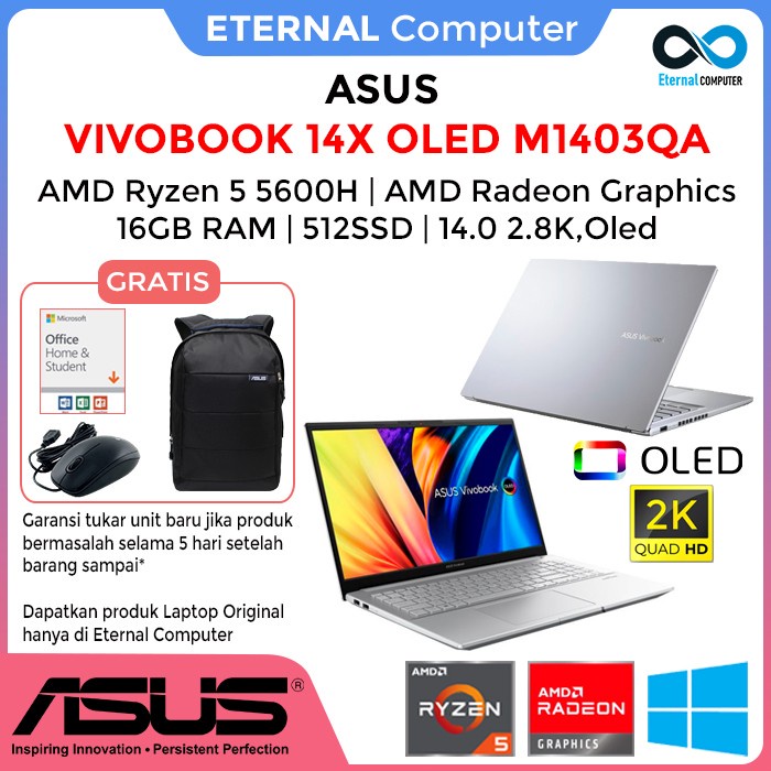 Asus Vivobook 14X Oled M1403qa Ryzen 5 5600H 16gb512ssd w11+ohs 14.0