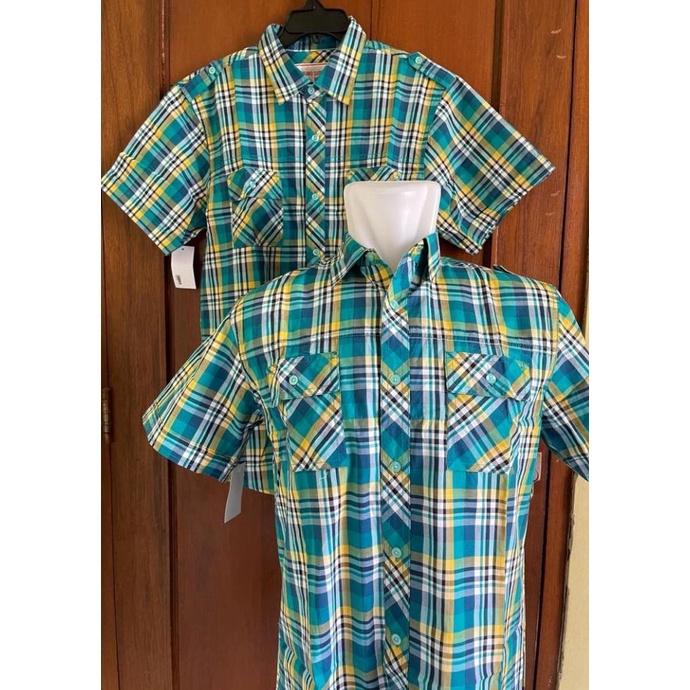 Terbaik Mossimo Kemeja Pria Kotak-Kotak Lengan Pendek Hijau M Original