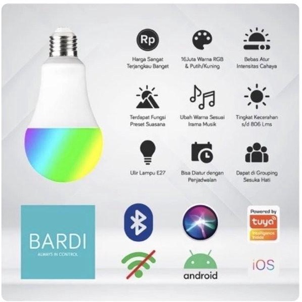 BARDI SMART LED LAMPU BLUETOOTH 9W RGBWW BEACON BULB LAMPU TIDUR KERJA