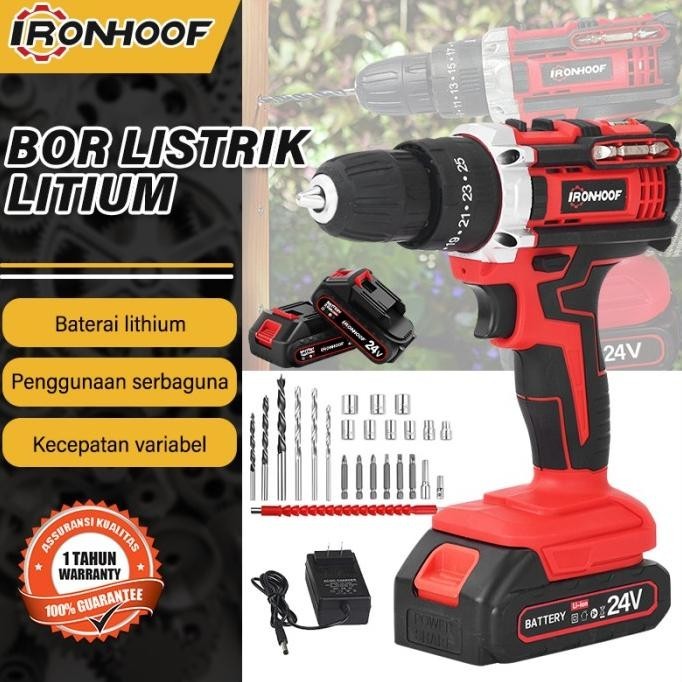 IRONHOOF Mesin Bor Listrik Bor Baterai Bor Tanpa kabel 24V Set Lengkap