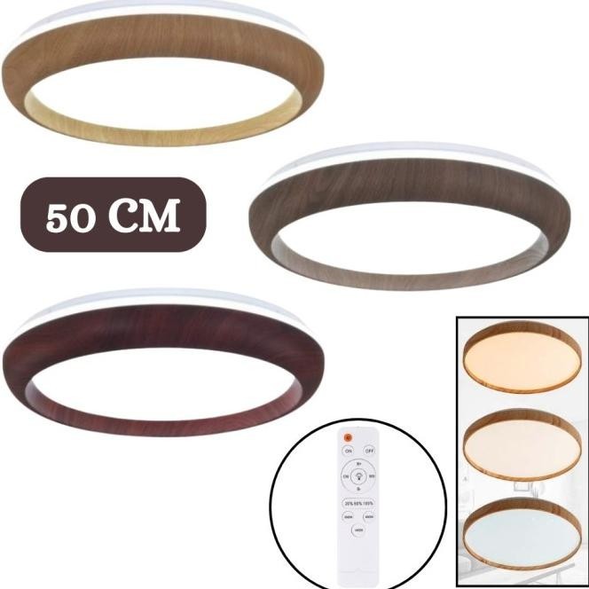 Lampu Plafon Kayu 50Cm Kap Baret 3 Warna 60W Minimalis Mewah + Remote