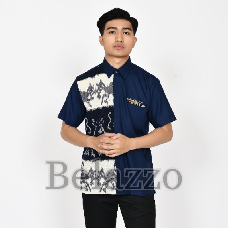 Baju Atasan Kemeja Hem Batik Tenun Pria Modern Motif Sumbawa Biru Lengan Pendek K03