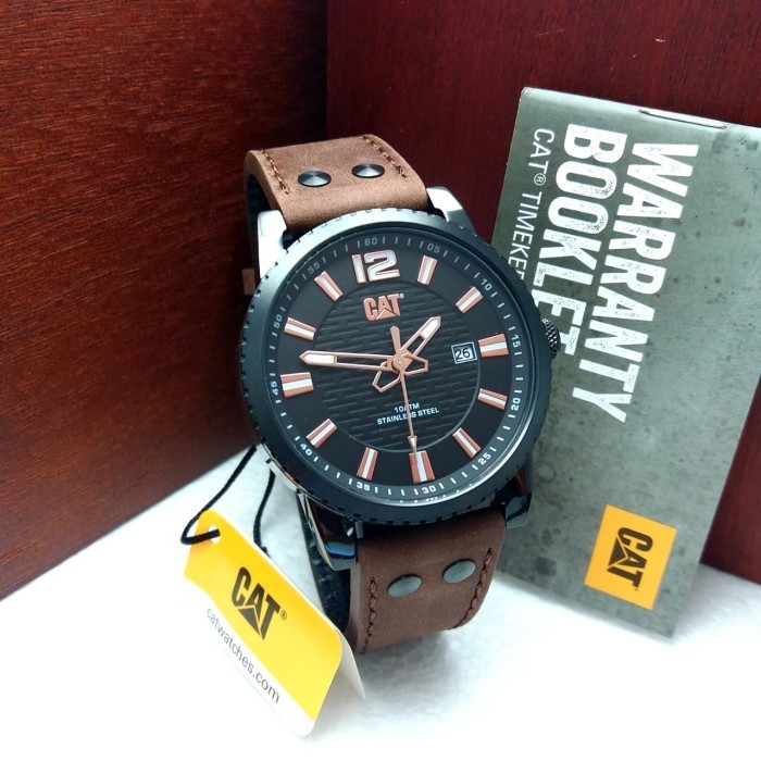 ✅New Caterpillar Cat Np.161.35.139 Black Brown Leather Jam Pria Original Berkualitas