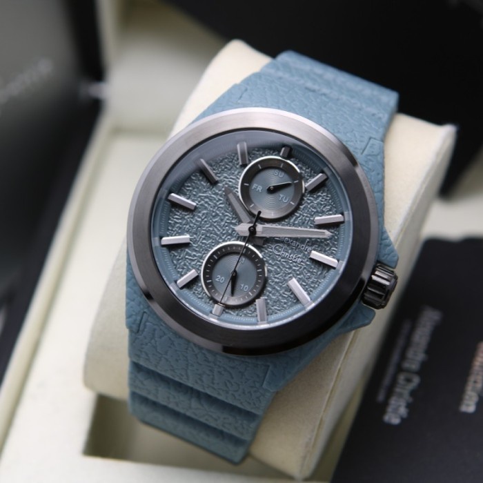 ✅New Jam Tangan Pria Alexandre Christie 6585 Ac6585 Soft Blue Rubber Ori Diskon
