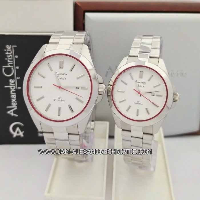 ✅Original Jam Tangan Pasangan Alexandre Christie Ac 8644 Md Ld Fsvrd Silver Red Terbaru