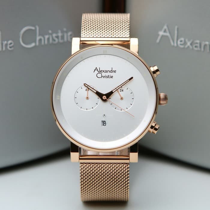 ✅Ready Jam Tangan Alexandre Christie Ac 6547 Pria Rosegold White Original Limited