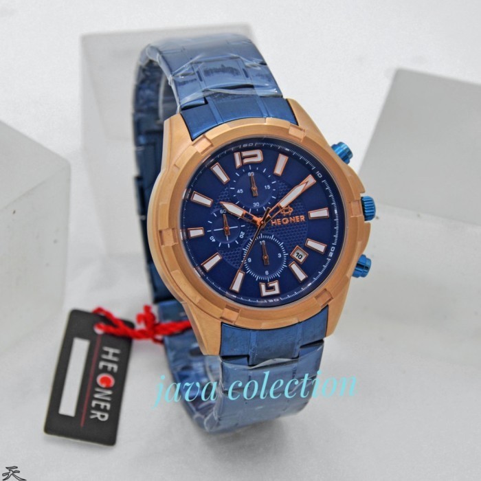 ✅Original Jam Tangan Pria Hegner 1652-3 Chrono Blue Rosegold Diskon